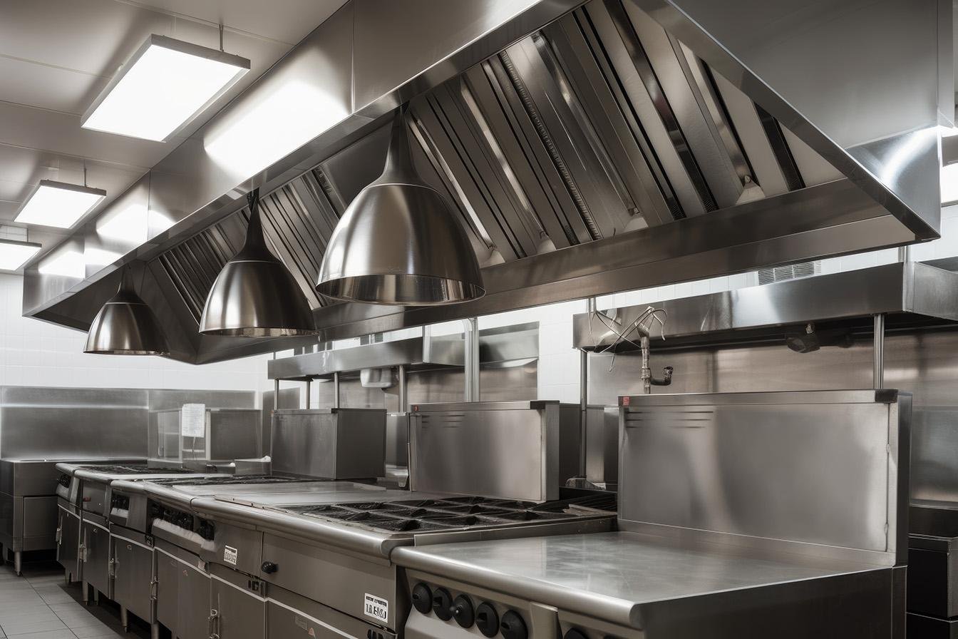 Illustrative commercial stainless steel kitchen with ventilation canopy and ductwork